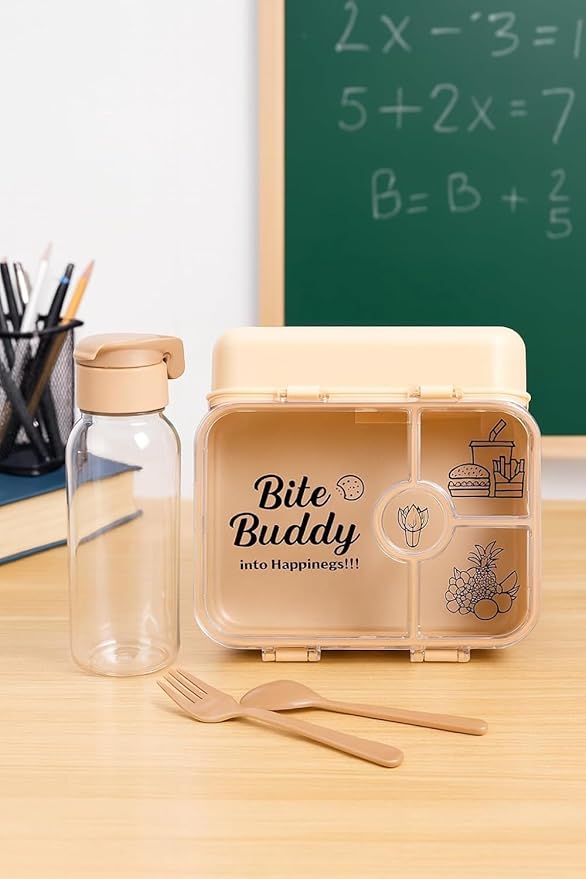 Bite Buddy 4-Compartment Lunch Box with Spoons, BPA-Free Food Grade Material, Insulated Container Bite Buddy Lunch Box and Water Bottle Set. (Pack of 1 Multicolor)
