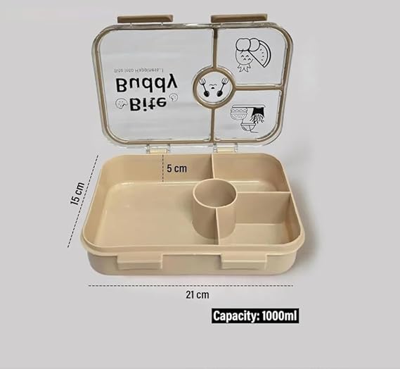 Bite Buddy 4-Compartment Lunch Box with Spoons, BPA-Free Food Grade Material, Insulated Container Bite Buddy Lunch Box and Water Bottle Set. (Pack of 1 Multicolor)