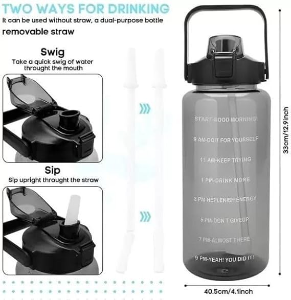 2 Litre Water Bottle with Motivational Time Marker, Straw & Handle -Leakproof, Durable, Non-Toxic, BPA-Free for Office, School, Gym, Yoga, Outdoor, Sports (PURPLE) Pack Of 1