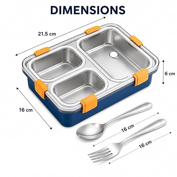 Stainless Steel Lunch Box for Kids & Adults, 3 Compartment Lunch Box, Leak Resistant Food Grade Tiffin Box with Spoon & Fork, BPA Free (Blue)