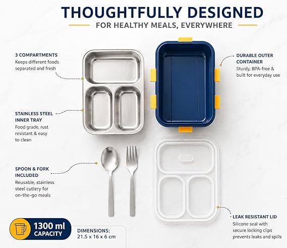 Stainless Steel Lunch Box for Kids & Adults, 3 Compartment Lunch Box, Leak Resistant Food Grade Tiffin Box with Spoon & Fork, BPA Free (Blue)