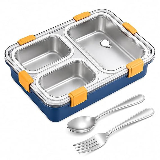 Stainless Steel Lunch Box for Kids & Adults, 3 Compartment Lunch Box, Leak Resistant Food Grade Tiffin Box with Spoon & Fork, BPA Free (Blue)