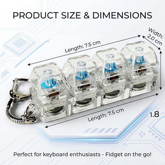 Mechanical Keyboard Switch Keychain, 4 Clicky Mechanical Switches with LED Light Effect, Portable Fidget Toy, Stress Relief Keychain for Gamers, Programmers & Keyboard Enthusiasts