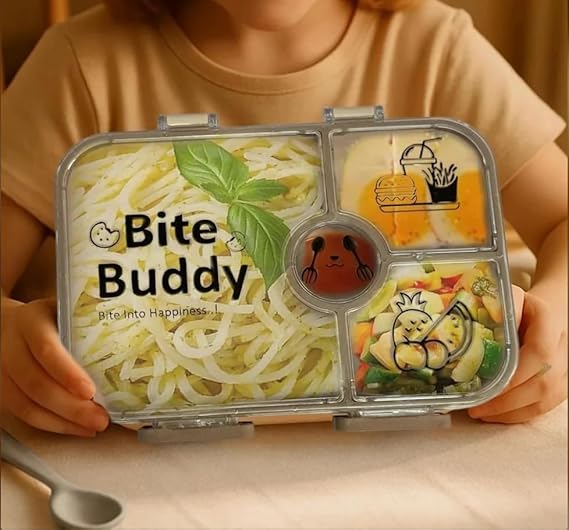 Bite Buddy 4-Compartment Lunch Box with Spoons, BPA-Free Food Grade Material, Insulated Container Bite Buddy Lunch Box and Water Bottle Set. (Pack of 1 Multicolor)