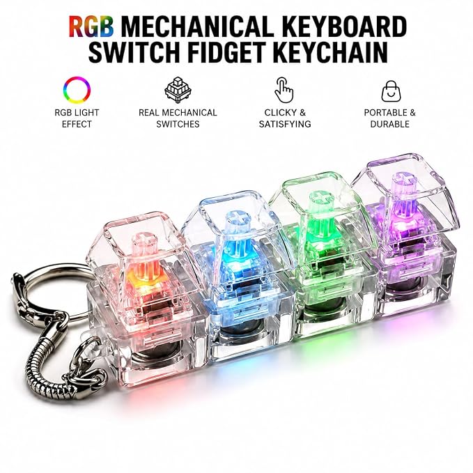 Mechanical Keyboard Switch Keychain, 4 Clicky Mechanical Switches with LED Light Effect, Portable Fidget Toy, Stress Relief Keychain for Gamers, Programmers & Keyboard Enthusiasts
