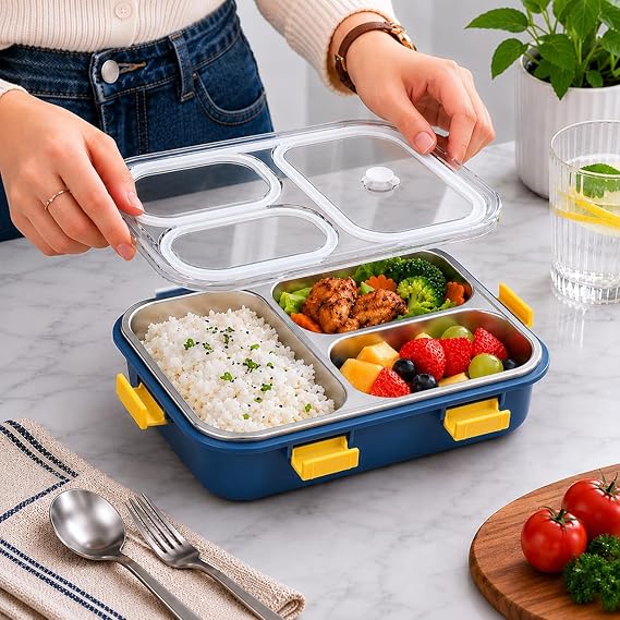 Stainless Steel Lunch Box for Kids & Adults, 3 Compartment Lunch Box, Leak Resistant Food Grade Tiffin Box with Spoon & Fork, BPA Free (Blue)
