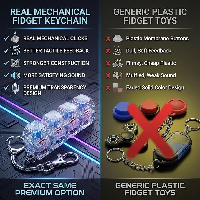 Mechanical Keyboard Switch Keychain, 4 Clicky Mechanical Switches with LED Light Effect, Portable Fidget Toy, Stress Relief Keychain for Gamers, Programmers & Keyboard Enthusiasts