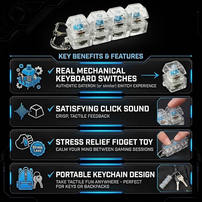Mechanical Keyboard Switch Keychain, 4 Clicky Mechanical Switches with LED Light Effect, Portable Fidget Toy, Stress Relief Keychain for Gamers, Programmers & Keyboard Enthusiasts