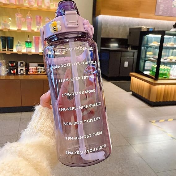 2 Litre Water Bottle with Motivational Time Marker, Straw & Handle -Leakproof, Durable, Non-Toxic, BPA-Free for Office, School, Gym, Yoga, Outdoor, Sports (PURPLE) Pack Of 1