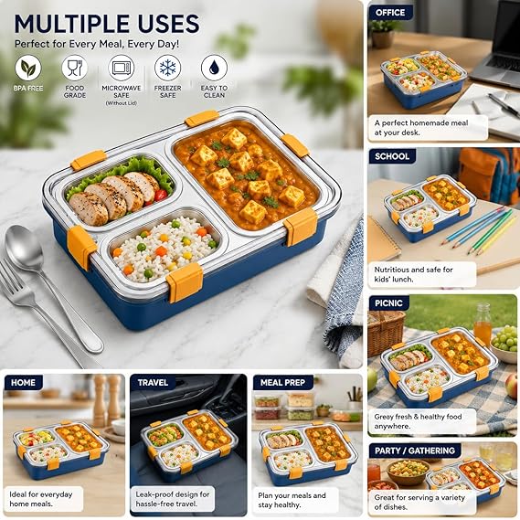Stainless Steel Lunch Box for Kids & Adults, 3 Compartment Lunch Box, Leak Resistant Food Grade Tiffin Box with Spoon & Fork, BPA Free (Blue)