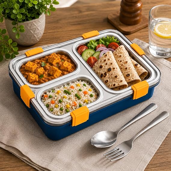 Stainless Steel Lunch Box for Kids & Adults, 3 Compartment Lunch Box, Leak Resistant Food Grade Tiffin Box with Spoon & Fork, BPA Free (Blue)